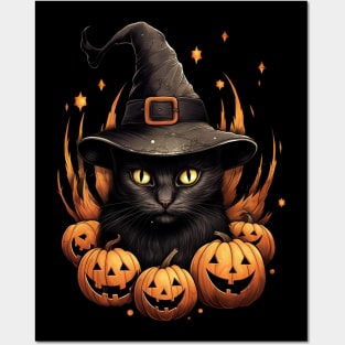 Black halloween cat with pumpkins Posters and Art